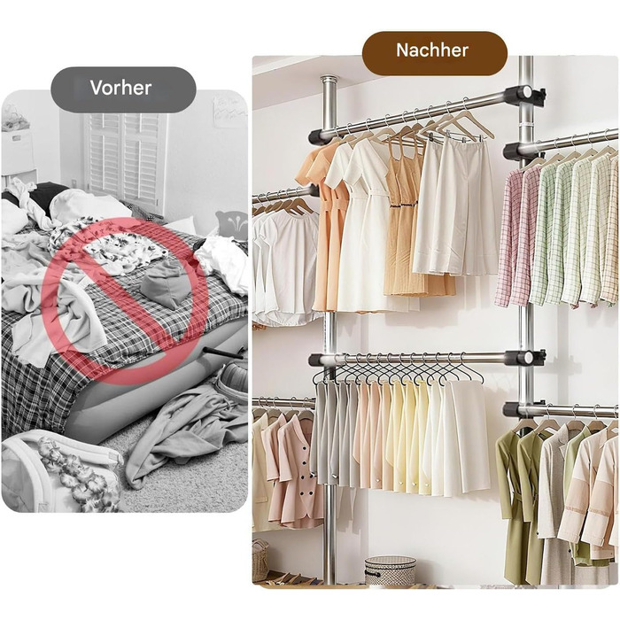 Телескопічна система для гардеробу: розширювана штанга для одягу з 6 штангами та 2 гачками, регульована полиця 110-300 см, для дому та магазину одягу, білий (срібний)