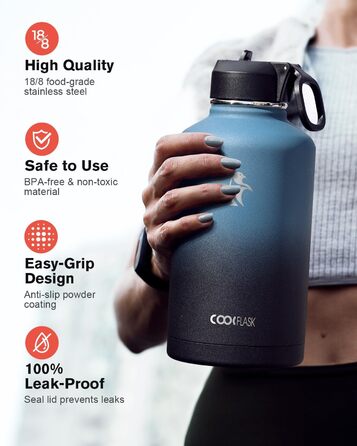 Термопляшка Coolflask 2л з соломинкою та 3 кришками, нержавіюча сталь, для спорту та офісу, Indigo Schwarz