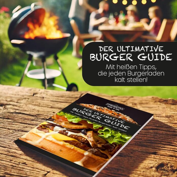 Набір для приготування бургерів DREIBERG® з нержавіючої сталі (9 предметів): шпатель, дзвоники для плавлення сиру, прес, сматчер, дозатор спецій, рецепти та папір для випікання