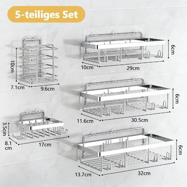 Підставка для душу без свердління, 5 шт. Тримач шампуню для душу з гачками, багаторазовий, самоклеючий, з нержавіючої сталі, органайзер для ванної кімнати, підходить для кухні, ванної, вітальні (сріблястий)