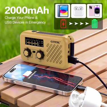 Радіоприймач Kurbelradio з підключенням навушників, AM/FM/SW, сонячне аварійне радіо, акумулятор 2000mAh, Power Bank, радіо на батарейках, будівельне радіо з приймачем світу, SOS ліхтарик для аварійного спорядження (297-Khaki)