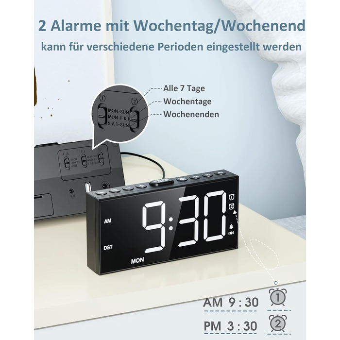 Digital Alarm Clock, Loud Vibration Alarm with Bed Shaker, Loud Alarm for Deep Sleepers, Large Display, Adjustable Volume & Brightness, Dual Alarm, Snooze, USB Charger, Easy Operation