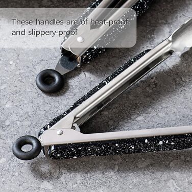 Stainless Steel Kitchen Tongs, 22.9 cm and 30.5 cm, 2 Pieces, Sturdy Grill Tongs with Brushed Closure, Food Tongs with Ergonomic Handle, Black