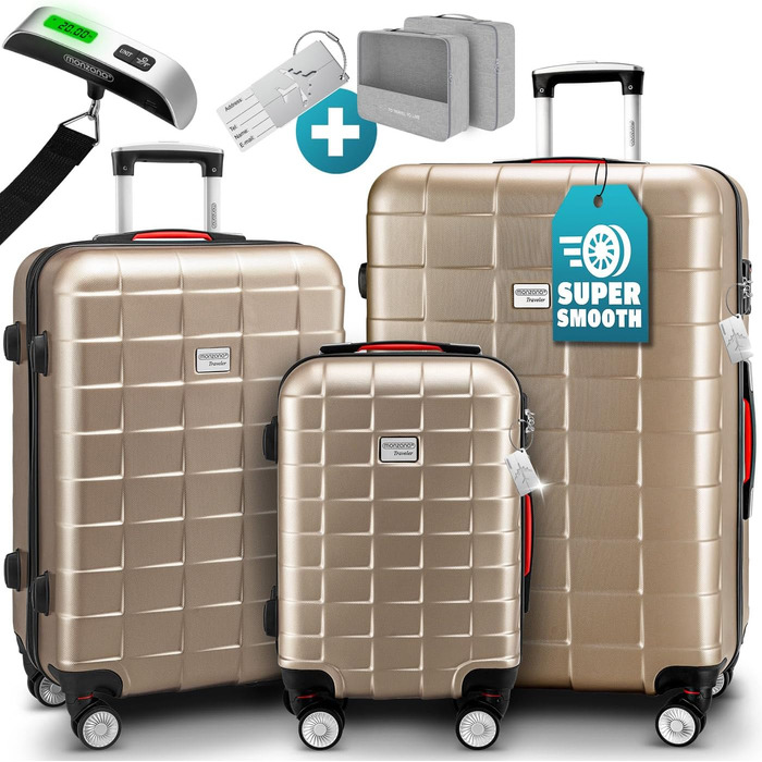 Набір валіз MONZANA® 3шт з TSA замком, органайзером, вагами та ременем. Валізи з жорстким корпусом M-L-XL (шампань)