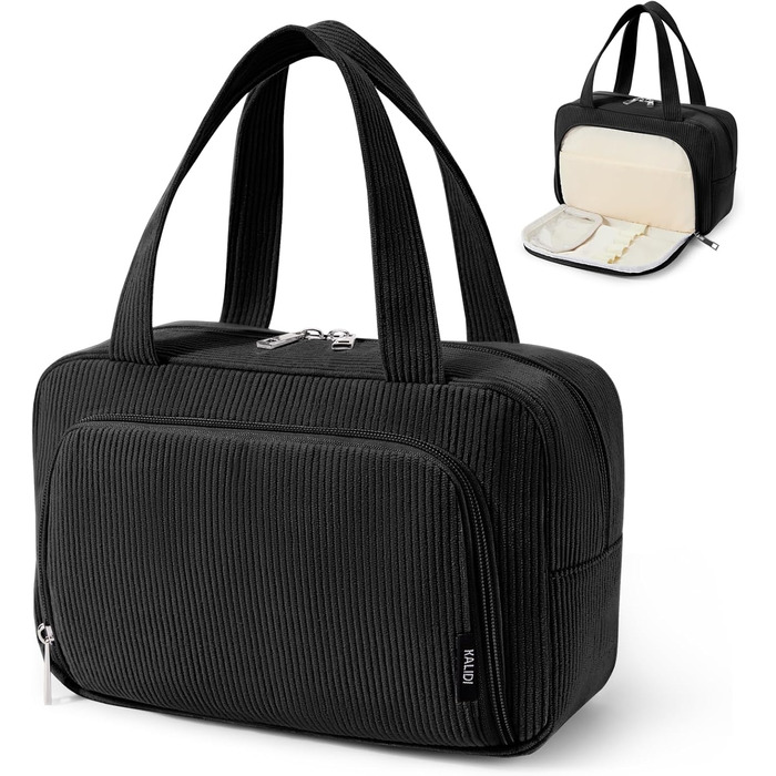 Косметичка для жінок Kalidi з багатьма відділеннями та відділенням для пензликів - велика органайзер для макіяжу та косметики, валіза, чорно-зелений колір