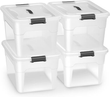 Juskys Storage Box with Lid - Set of 4 Plastic Boxes 45L - Large Box, Stackable, Transparent - Storage Organization System Storage Boxes (Set of 4 - 30 Liters)
