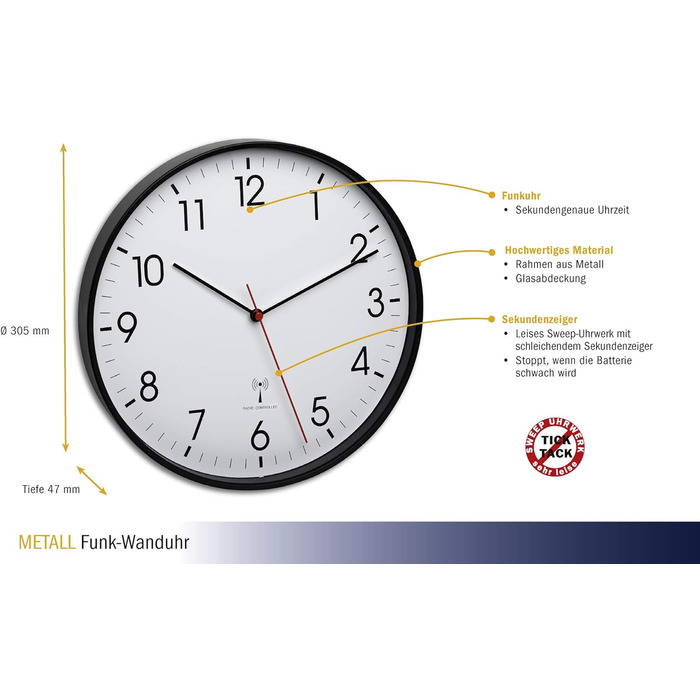 TFA Dostmann Analog Wall Clock with Metal Frame, 305 x (H) 47 mm, Plastic, Black, 60.3537.01