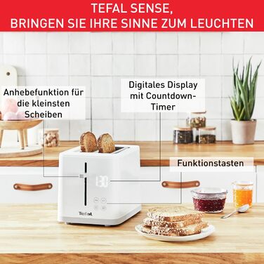 Tefal TT6931 Sense Toaster | 7 Browning Levels | Digital Display | Countdown Timer | Reheat/Defrost | Crumb Tray | Stop Button | White Single