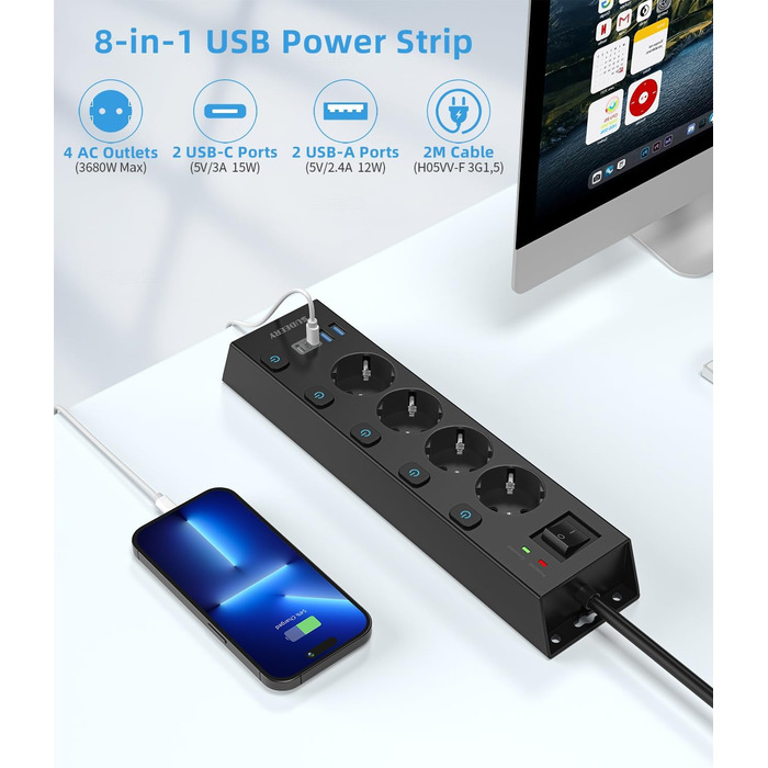 Мережевий фільтр Steckdoseleiste з індивідуальним керуванням, 5 розеток, настінний монтаж, захист від перенапруги 1050 Дж, для дому та офісу, кабель 2 м (4 розетки з USB, чорний)