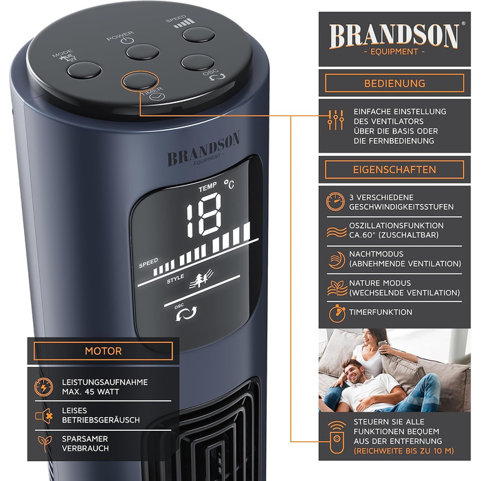 Вентилятор підлоговий Brandson з пультом керування, 96 см, 3 швидкості, осциляція 60°, темно-синій (Dark Navy Blue)