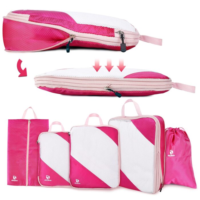 Набір органайзерів для валізи AiQInu, 5 шт. з компресією, для подорожей, рожевий