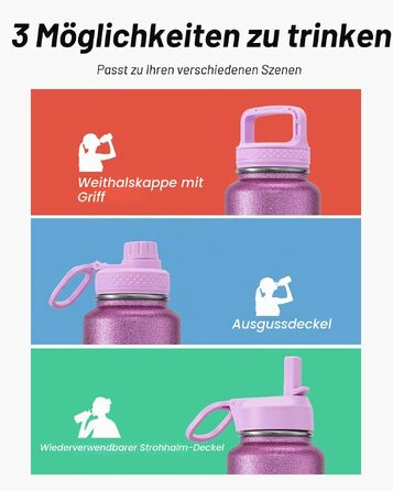 Термофляга Coolflask 946 мл з трубою та 3 кришками, вакуумна пляшка для води з нержавіючої сталі для спорту та подорожей, Glitter Pink