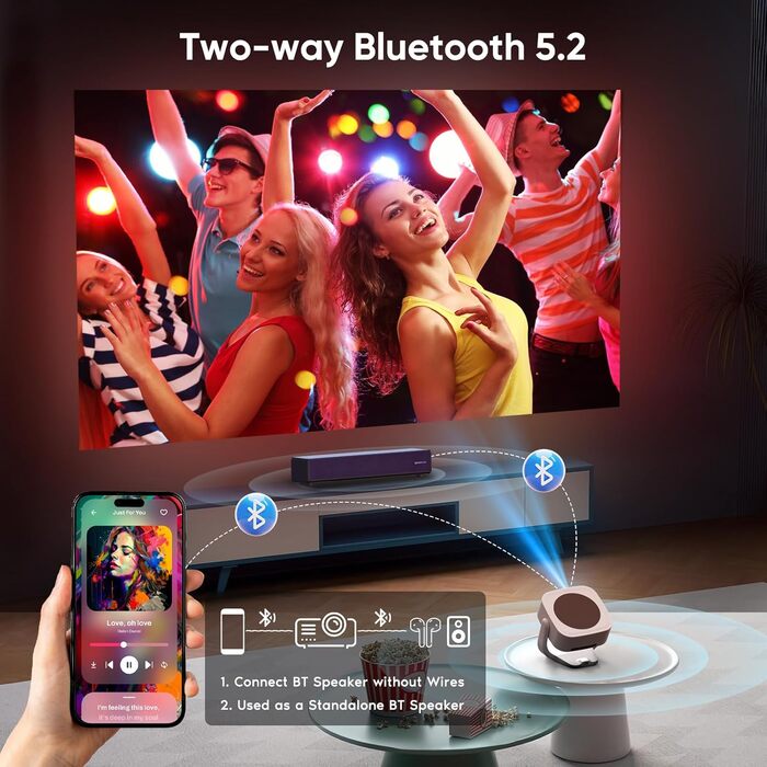 Портативний проєктор 4K Native 1080P з Wi-Fi, Bluetooth та автоматичною корекцією трапецеїдальних спотворень. Підходить для домашнього кінотеатру та використання на відкритому повітрі. Сумісний з ноутбуком, смартфоном та мишкою.