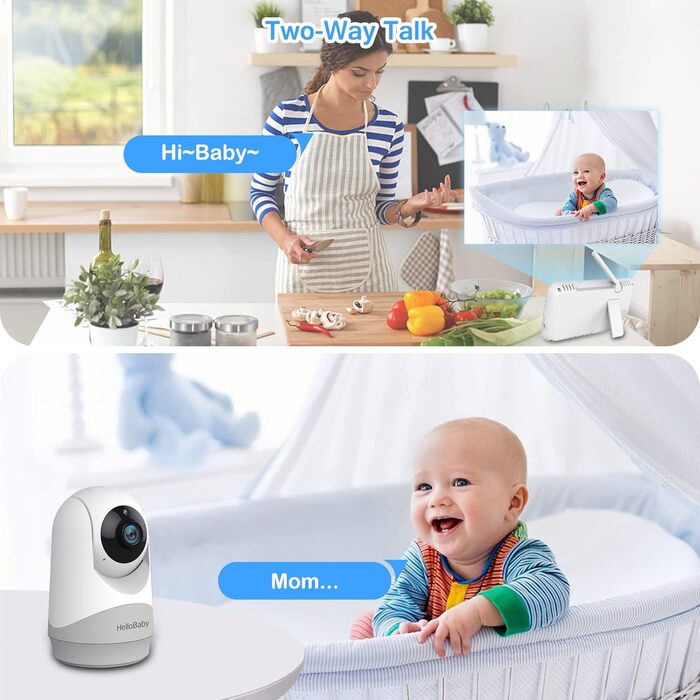 Відеоняня HelloBaby з камерою та аудіо, 5-дюймовий екран, акумулятор 3500 mAh, дистанційне керування, двосторонній зв'язок, ECO-режим, авто-нічне бачення, радіус дії до 292 м, HB6250