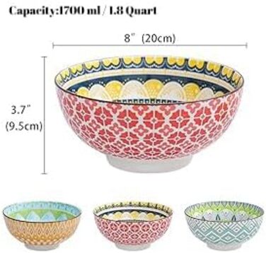 Набір салатників та супових мисок з порцеляни 3 шт. 1.45 л - 20 см, кольорові, для салату, супу, пасти, безпечні для мікрохвильовки та посудомийної машини
