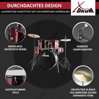 XDrum Rookie 22' барабанний комплект Ruby Red - ідеальний для початківців, стильна фурнітура, з паличками 5B та інструкцією