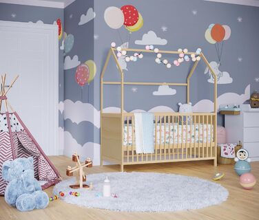 Bellabino Nika Babybett in House Design 70 x 140 cm, cot and house bed for children and babies made of solid pine wood in natural finish, 3-fold height adjustable including slatted base.