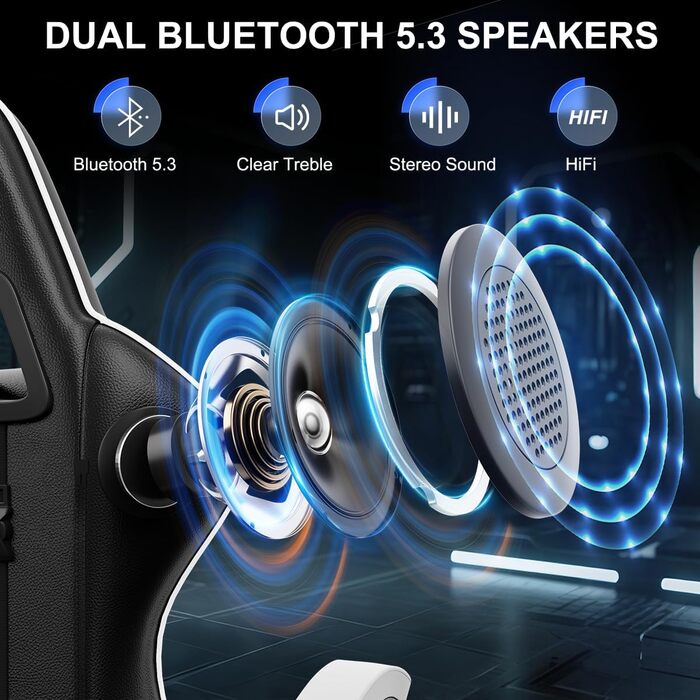 Геймерське крісло Bigzzia Ergonomisch з підтримкою попереку та голови, Bluetooth, чорно-біле, регульована висота, для підлітків та дорослих