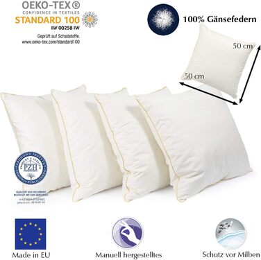 H&F Heimtextilien 4-Pack Feather Pillow 50x50 cm | 700g Feather Filling | Pillow with OekoTex Certification | Cover: 100% Cotton