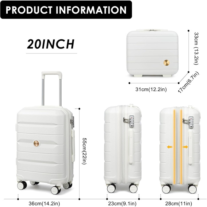 Валіза-тележка Sea Choice з жорстким корпусом, розширювана, ручна поклажа, 55 см, білий колір, з TSA замком та 360° колесами