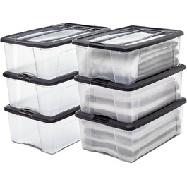Iris Ohyama Storage Boxes with Lids, 60L, 4-Piece Set, Black, Secure Closure, Stackable, Handles, for Bedroom, Closet, Office, Organization, BPA-Free Plastic, Storage Boxes, NTB-60 (30L / 6-Piece Set)