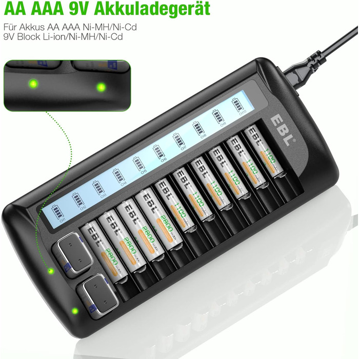 Зарядний пристрій EBL для AA/AAA акумуляторів, 12 слотів, LCD дисплей, для NiMH/NiCd, з функцією розряду