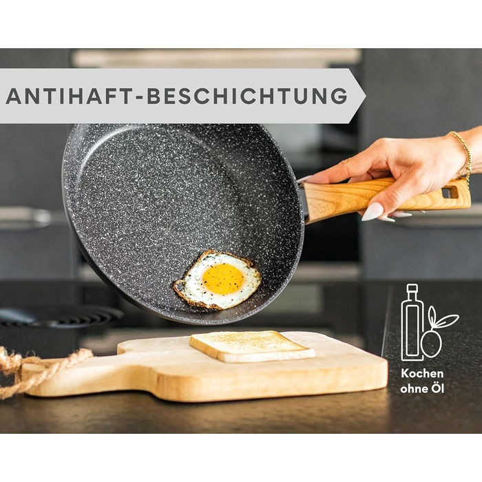 DIVORY Набір сковорідок 2 шт. (24, 28 см) з антипригарним покриттям для всіх плит – універсальні сковороди з безпечними ручками, придатні для миття в посудомийній машині (ручки: світле дерево)