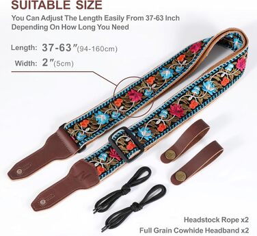 Гітарний ремінь Nefelibata Banjo-Gurt, 5,1 см, повна шкіра з телячої шкіри, вишивка квітів