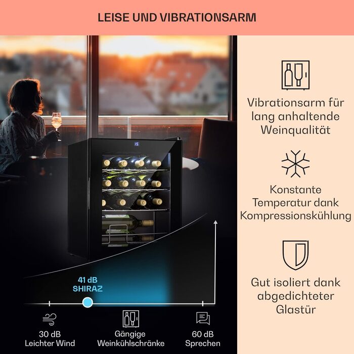 Klarstein Wine Cooler Fridge - 16 Bottle, 42L Compact Wine Refrigerator with Glass Door - Indoor/Outdoor Use - 5-18°C Temperature Range - Black
