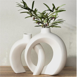 White Ceramic Donut Vase Set for Pampas & Dried Flowers - Modern Boho Home Decor