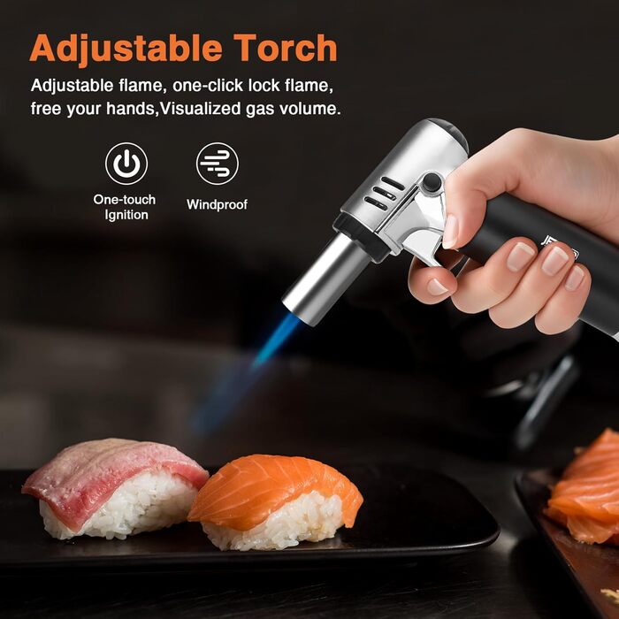 Газовий запальник Butan з регульованим полум'ям для кухні, випічки, барбекю, паяння, з віконцем рівня газу та блокуванням безпеки (срібний)