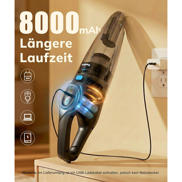 Акумуляторний пилосос Topipop Handstaubsauger 25000Pa з HEPA-фільтром для дому, авто, шерсті тварин (чорний)