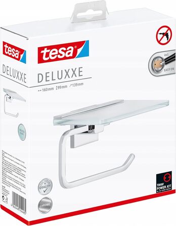 Тримач для туалетного паперу tesa DELUXXE з полицею з матового скла, хромований, настінний (без свердління, на клейокій основі), 160x99x139 мм