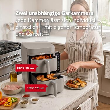 Аерофритюрниця з двома камерами LEHMANN XXL 12L, безмасляний Airfryer на 2800 Вт, 10 програм, антипригарне покриття, бежевий