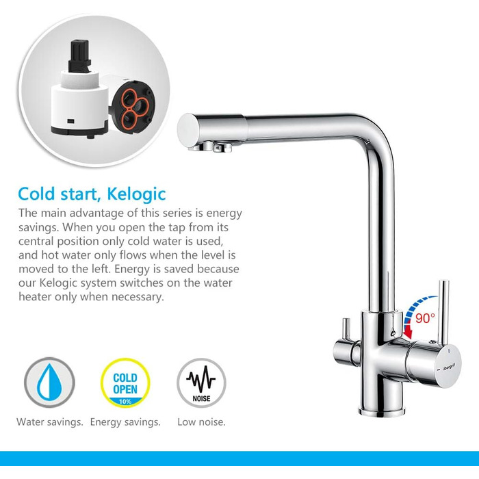 Кухонний змішувач 3-в-1 з обертанням 360° з нержавіючої сталі, з двома ручками, для фільтрації води, гарячої та холодної води, високого тиску, 3 шланги по 50 см