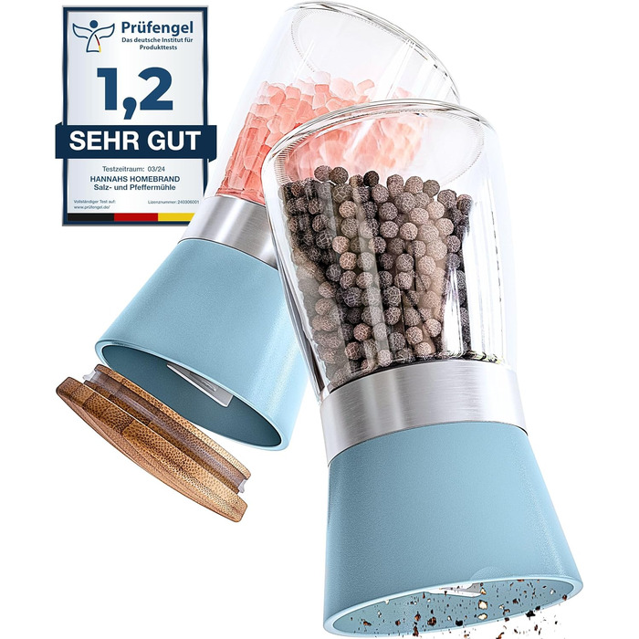 Мельниця для солі та перцю Hannah's Homebrand з керамічним механізмом - міцна для крупної солі (аквамарин, 2 шт.)