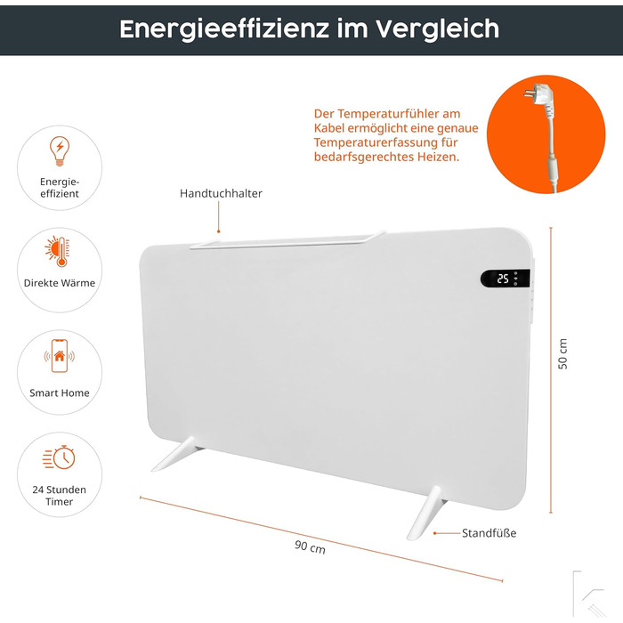 Könighaus 450W Smart Двохтрубчаста інфрачервова батарея V2 - Настінний/Підлоговий монтаж - Керування через Wi-Fi з додатком та пультом - з тримачем для рушників, ніжками та кріпленням. Колір: Білий 450 Вт - Білий з дисплеєм