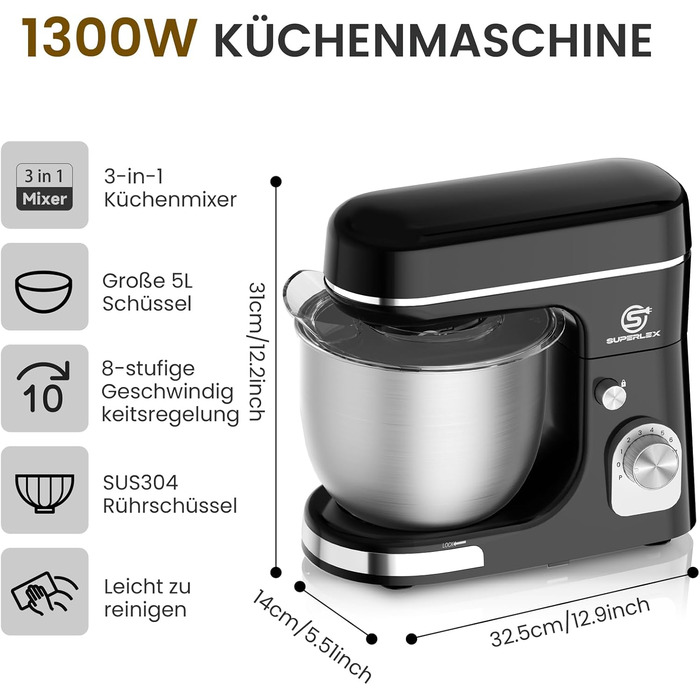 Кухонна машина SUPERLEX 3-в-1: міксер, тістоміс, блендер. 1300W, 5л чаша з нержавіючої сталі, 8 швидкостей, з набором насадок (крюк, вінчик, вінчик для збивання), захист від бризок. Для приготування тіста, випічки та десертів.