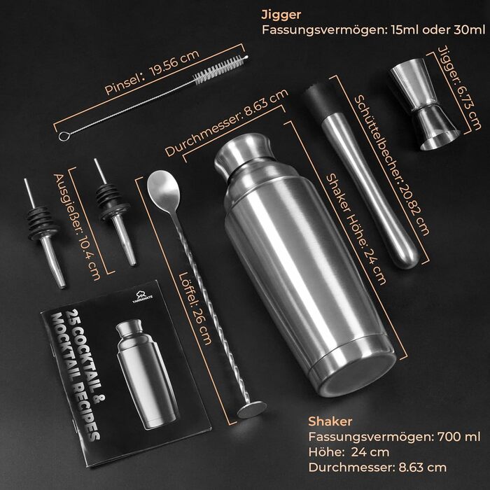 Набір шейкерів для коктейлів YARRAMATE 700 мл, 8 предметів з нержавіючої сталі, з вбудованим ситом, для дому та барів