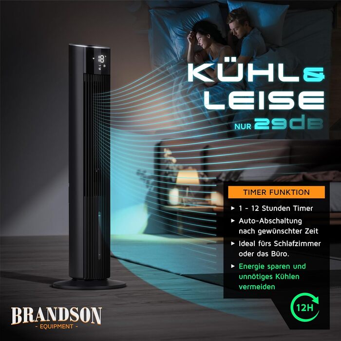 Вентилятор вежа Brandson ECO GREEN з водяним охолодженням, WiFi, керуванням Alexa – мобільний кондиціонер, чорний матовий