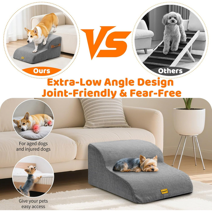 Сходинка для собак Gimars 30D з міцного піноматеріалу, широка, 3 сходинки, 40 см, знімний чохол та антиковзаюча поверхня. Підходить для малих собак до дивану, ліжка, софи, авто.