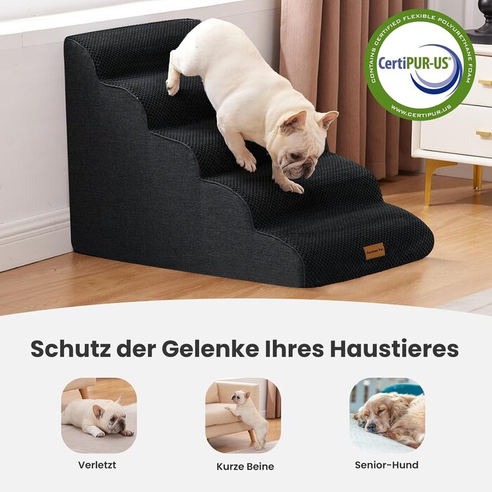 Сходинка для собак Gardner Pet - 35/42 см, 3 сходинки, з високощільної піни, з неслизьким водонепроникним покриттям, для ліжка, дивану, крісла (5 сходинок, чорний колір)