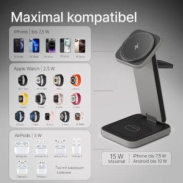Зарядний пристрій 3-в-1 MagSafe Tegler – з високоякісного алюмінію – бездротова зарядка для iPhone, Apple Watch та AirPods, складаний, зарядний стан для Apple Watch та iPhone, з адаптером 20W та USB-C кабелем, чорний