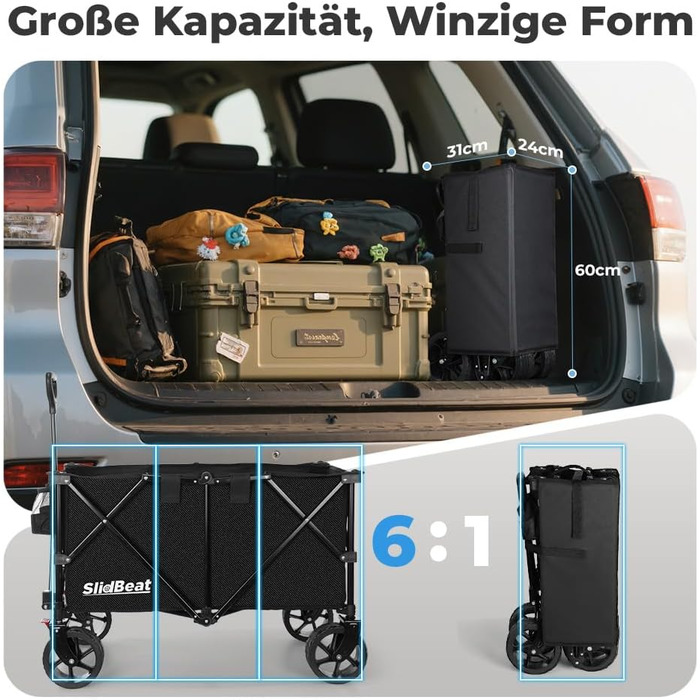 Візок-садок SLIDBEAT XXL 220L 200кг, складний, з гальмами, тримачем для напоїв, регульованою ручкою, колесами для бездоріжжя - для кемпінгу, саду, покупок, чорний