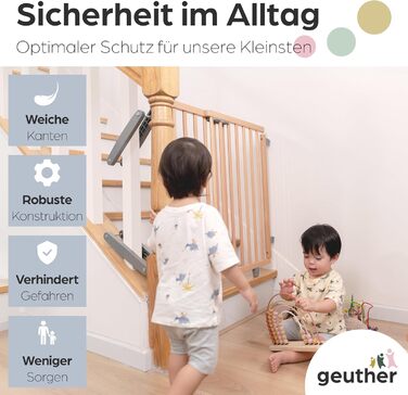 Захист для сходів Geuther Oris | Дверний замок для сходів з кріпленням, ширина 67-95 см | Дверний замок з розсувною дверцятами | Дерев'яне дитяче захисне ворота, натуральний лак 67-95 см