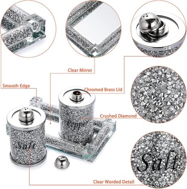 BTSKY Set of 3 Salt and Pepper Shakers with Tray, Crystal Glass, Crushed Diamonds, Salt and Pepper Containers, Storage Jar, Cooking Spice Glass, Kitchen Accessories