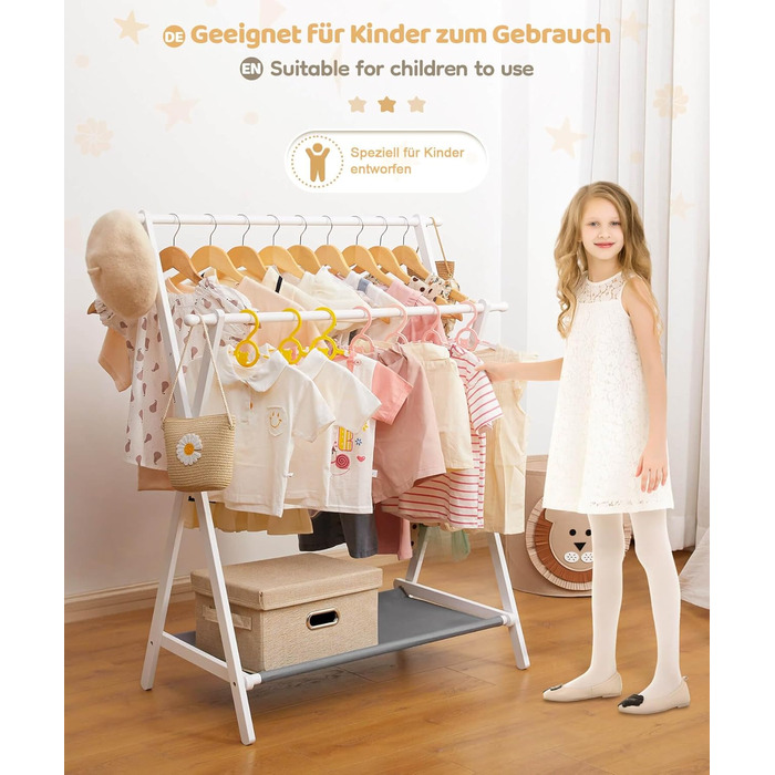 Дитяча вішалка для одягу Yorbay з бамбука, подвійна регульована штанга, полиці для зберігання, біла