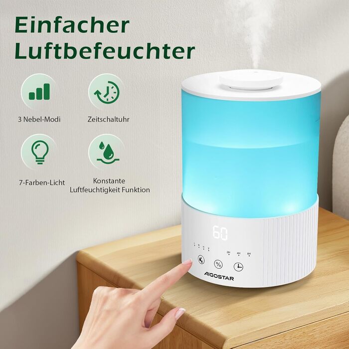 Зволожувач повітря Aigostar 2.5L з нічним світлом, 28dB, 3 режими, аромадифузор, для дитячої кімнати, рослин, немовлят
