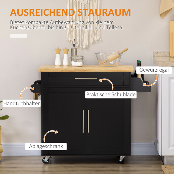 HOMCOM Kitchen Cart Serving Cart with Countertop and Spice Rack, Towel Rack for Living Room and Dining Room, 109x40x89cm