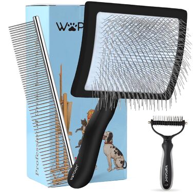 Гребінець для собак та котів Slicker з дерев'яною ручкою та довгими шпильками з нержавіючої сталі – видаляє підшерсток, ковтуни та вузли – з гребенем для догляду – для голден ретриверів та мейн кунів – великий (чорний)